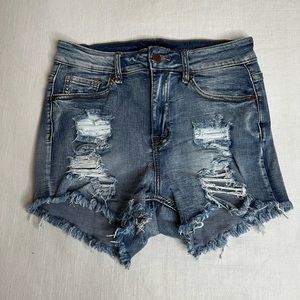 FASHION NOVA distressed light wash stretch denim shorts